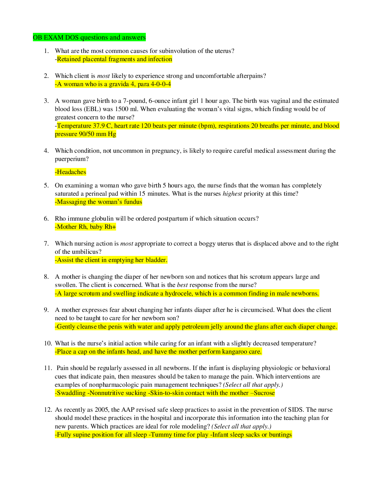 Preview image of OB EXAM DOS questions and answers document